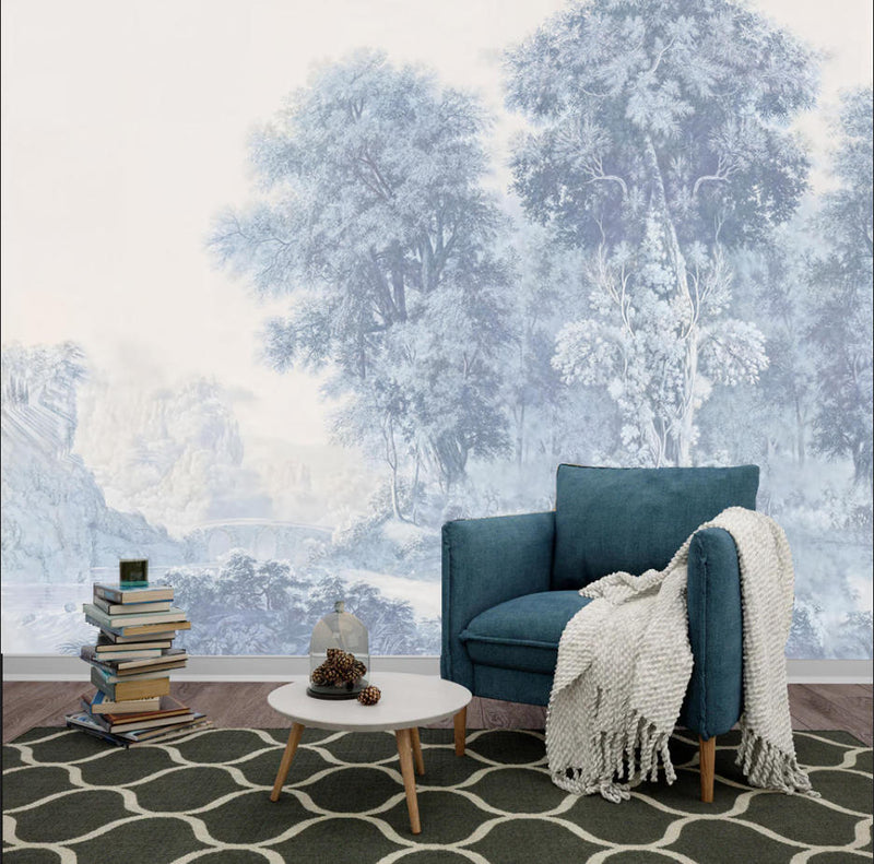 Blue Forest Trees Wall Mural, Misty Landscape Wallpaper