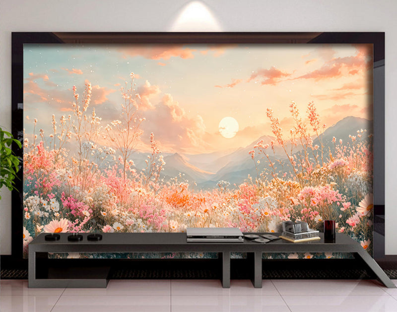 Pink Wildflower Mountain Sunset Wall Mural, Floral Landscape Wallpaper
