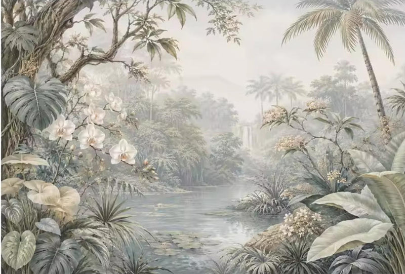 Vintage Tropical Jungle Waterfall Wallpaper