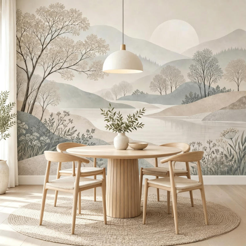 Beige Lake Mountain tree Wallpaper Decor