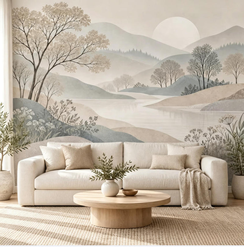 Beige Lake Mountain tree Wallpaper Decor