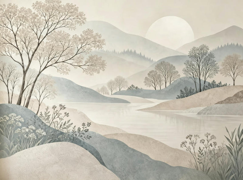 Beige Lake Mountain tree Wallpaper Decor