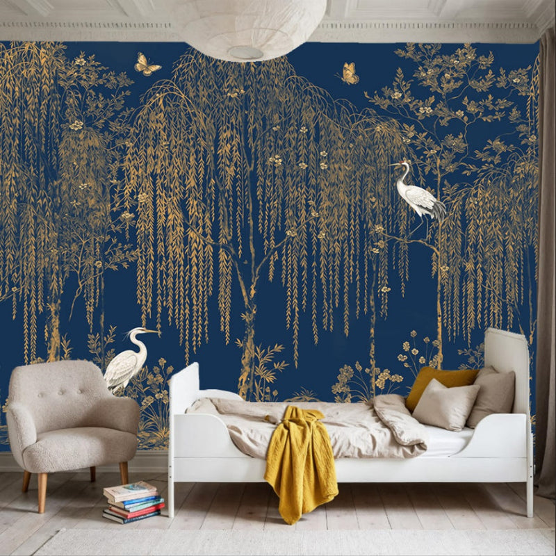 Luxury Navy Blue Gold Botanical Crane Bird Wall Mural Wallpaper