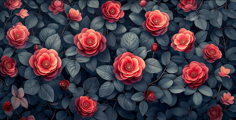 Dark Blue Background Red Rose Floral Wall Mural, Moody 3D Botanical Camellia Wallpaper, Deep Navy Large Red Flower Wall Art for Living Room Bedroom Dining Room Feature Wall