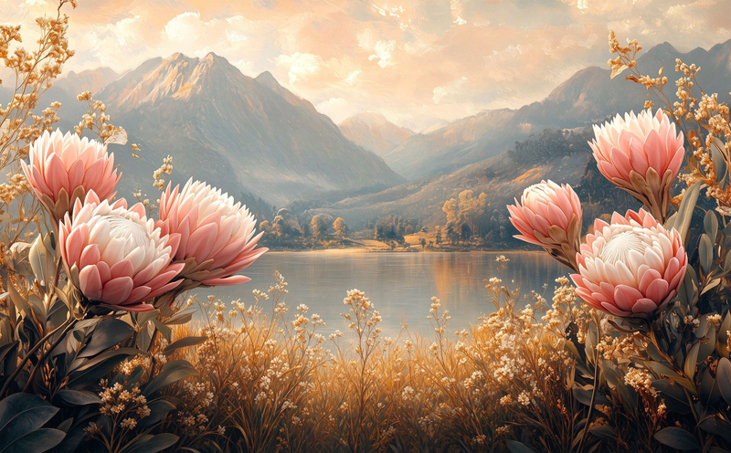 Botanical Landscape Hand Painted Floral Wallpaper Mural – Protea Mountain Lake Peel and Stick Wallpaper