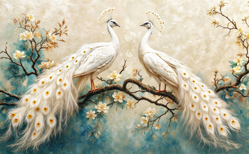 White Peacock Floral Wallpaper Mural | Chinoiserie Botanical Peel and Stick Wall Art