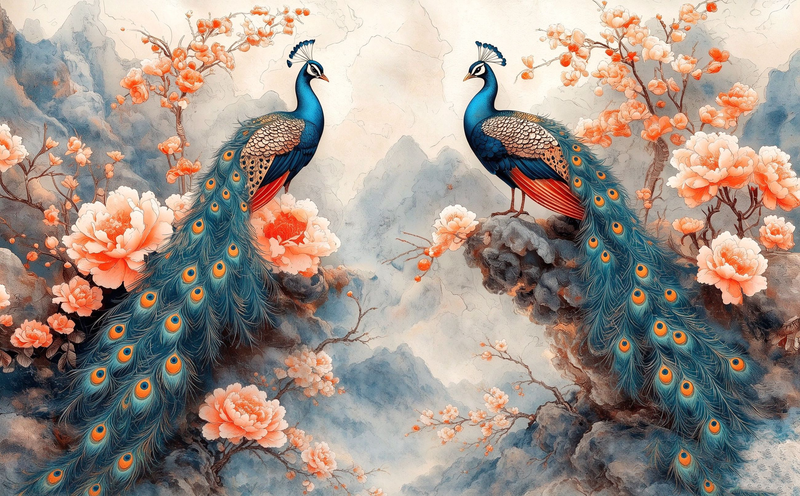 Chinoiserie Peacock Hand-Painted Floral Wallpaper Mural | Peel and Stick Removable Wall Art