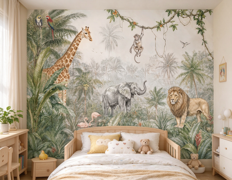 Watercolor Jungle Safari Animals Giraffe Mural Playroom Wallpaper