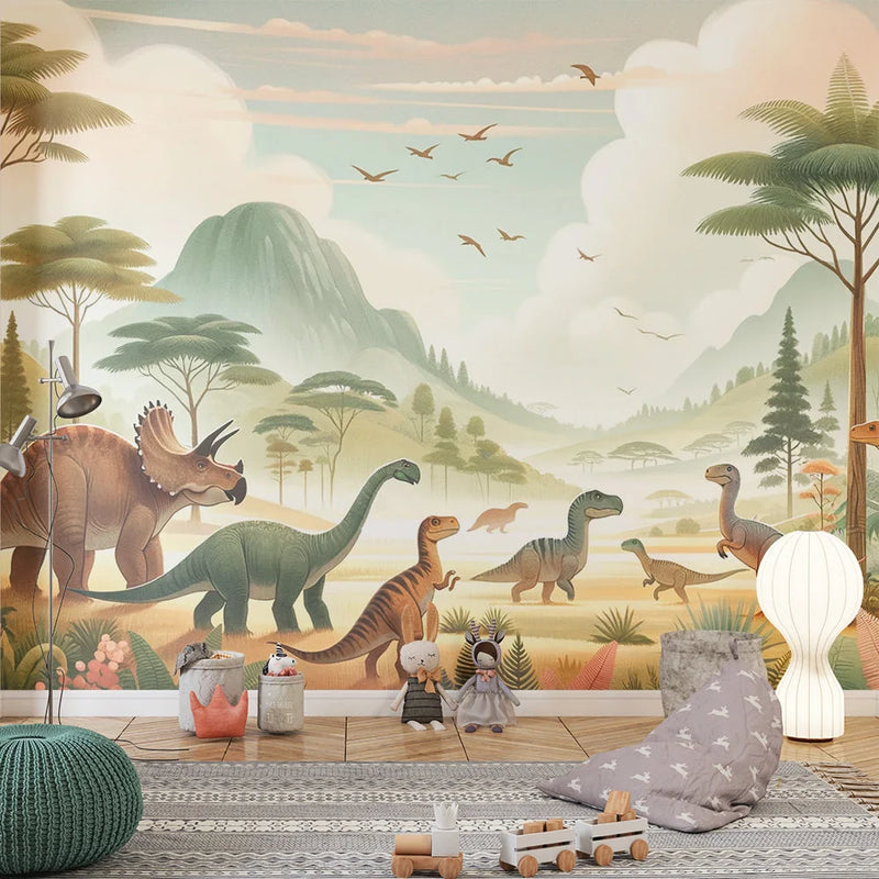 Dinosaur Mural Wallpaper | Prehistoric Paradise in Pastel Tones