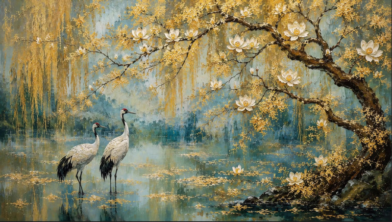 Oil Painting Style Floral Crane Wallpaper | Premium Mural Gold Branch White Flower Wallpaper