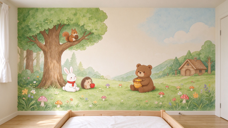 Watercolor Forest Animals Nursery Wall Mural, Woodland Kids Room Wallpaper Decal
