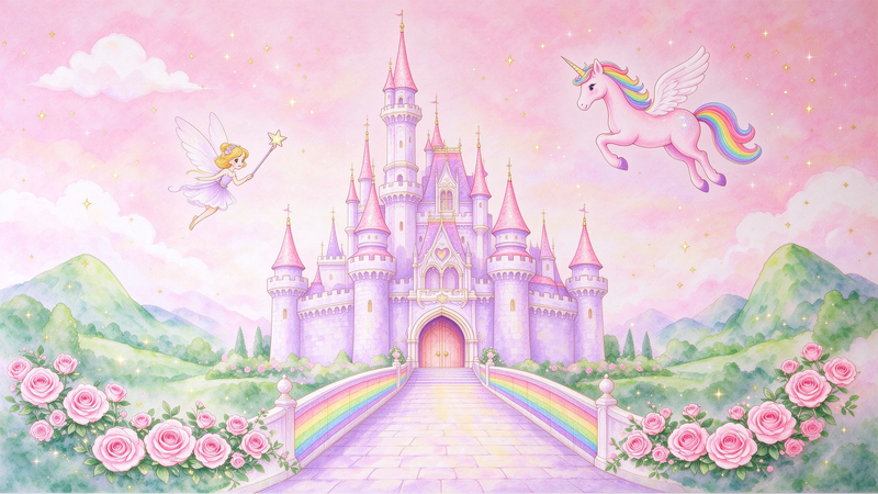 Pink Princess Castle Unicorn Wall Mural, Fairy Tale Girls Room Wallpaper