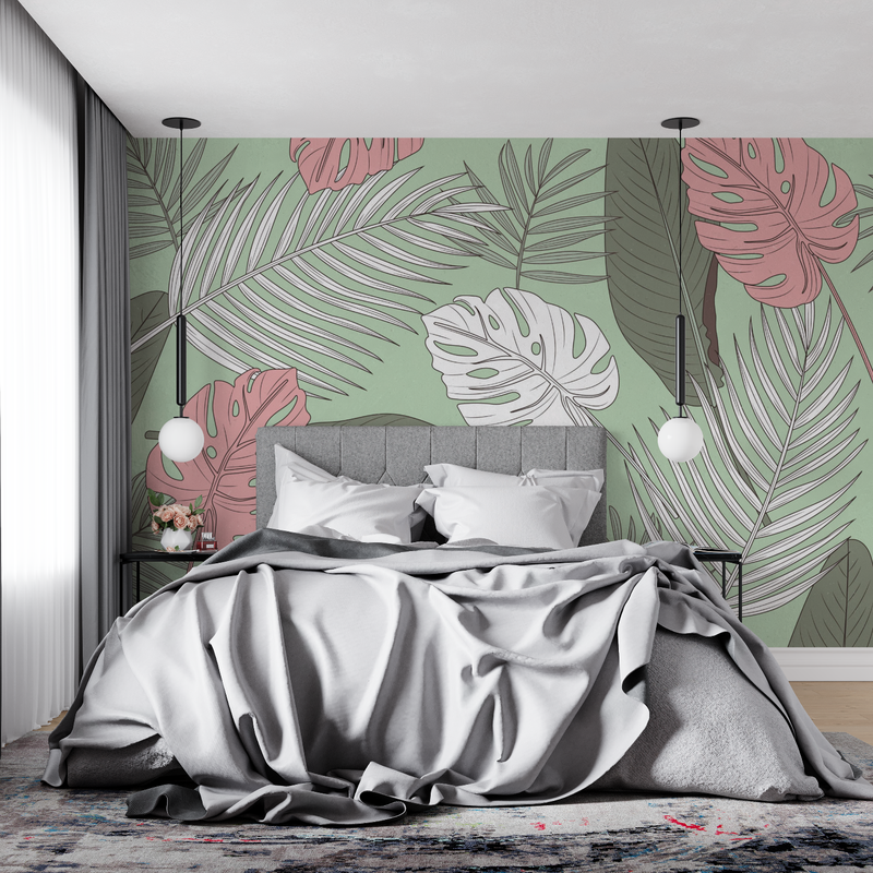 Papier Peint Vert D'eau Et Rose
