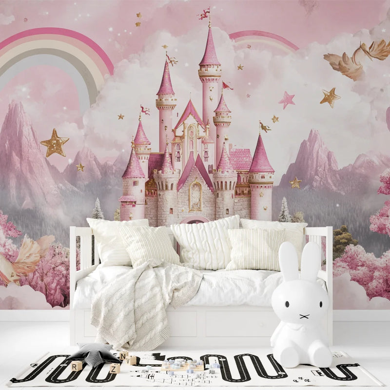 Princess Castle Mural Wallpaper | Pink Fantasy with Golden Stars