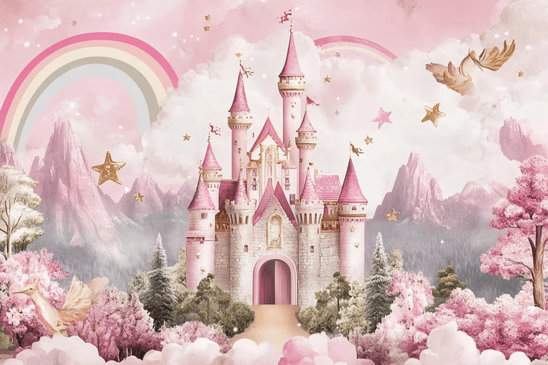 Princess Castle Mural Wallpaper | Pink Fantasy with Golden Stars